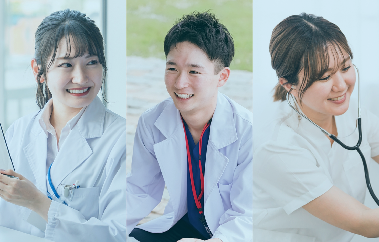 白衣や制服を着用し、笑顔で働く3人の医療従事者の男女